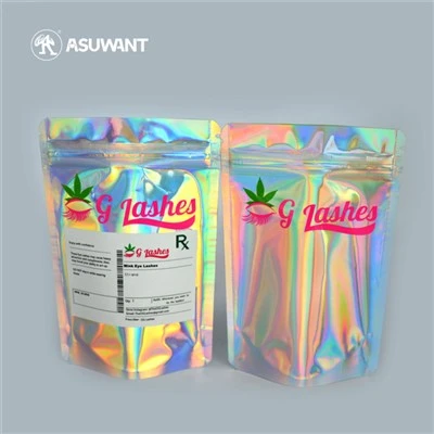 Sérsniðin hólógrafísk leysir regnbogapökkunarlykt Sönnun Reseatable Plastfilmu mylar rennilás standast upp fyrir snyrtivörur